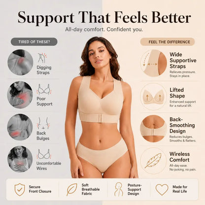 Women's Wireless Posture Correction Bra Front Closure Wide Straps