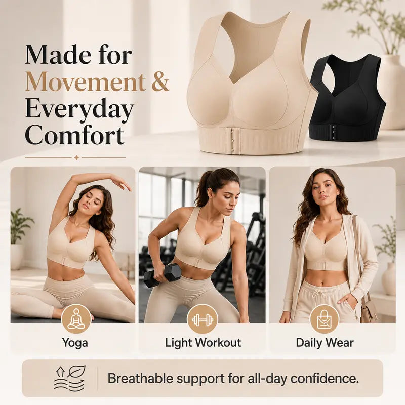 Women's Wireless Posture Correction Bra Front Closure Wide Straps