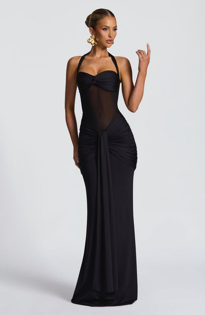 Amalina — Sheer Mesh Maxi Dress with Ruched Waist for Summer Nights