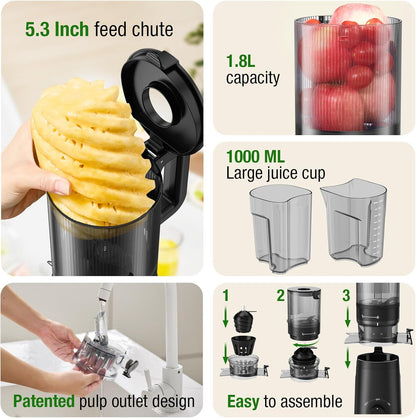 Caedrea Cold Press Juicer Machine – 5.3" Wide Feed Chute, High Juice Yield, Easy to Clean, BPA-Free