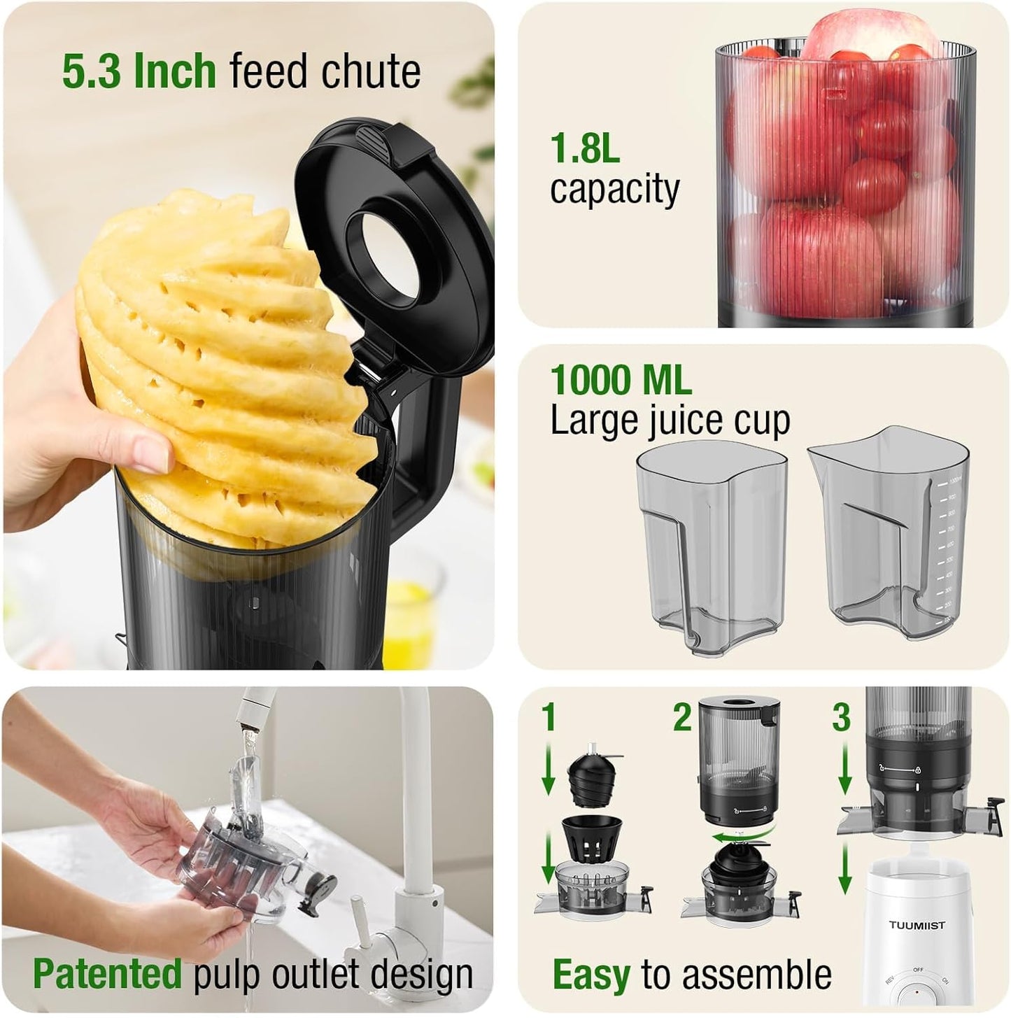 Caedrea Cold Press Juicer Machine – 5.3" Wide Feed Chute, High Juice Yield, Easy to Clean, BPA-Free