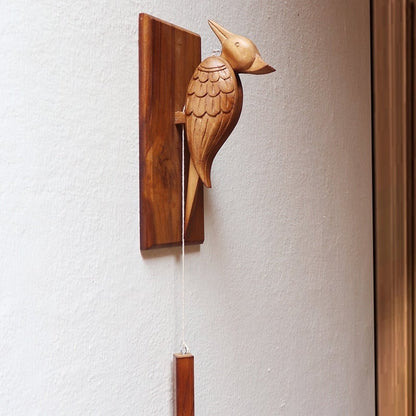 Hand Carved Decorative Woodpecker - Wooden Bird Doorbell