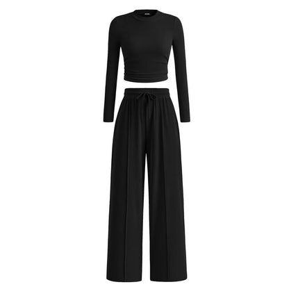 2-Piece Ribbed Knit Long Sleeve Crop Top Wide Leg Pants Matching Lounge Set Loungewear[Buy 2 Free Shipping]