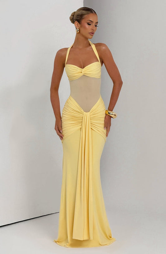 Amalina — Sheer Mesh Maxi Dress with Ruched Waist for Summer Nights