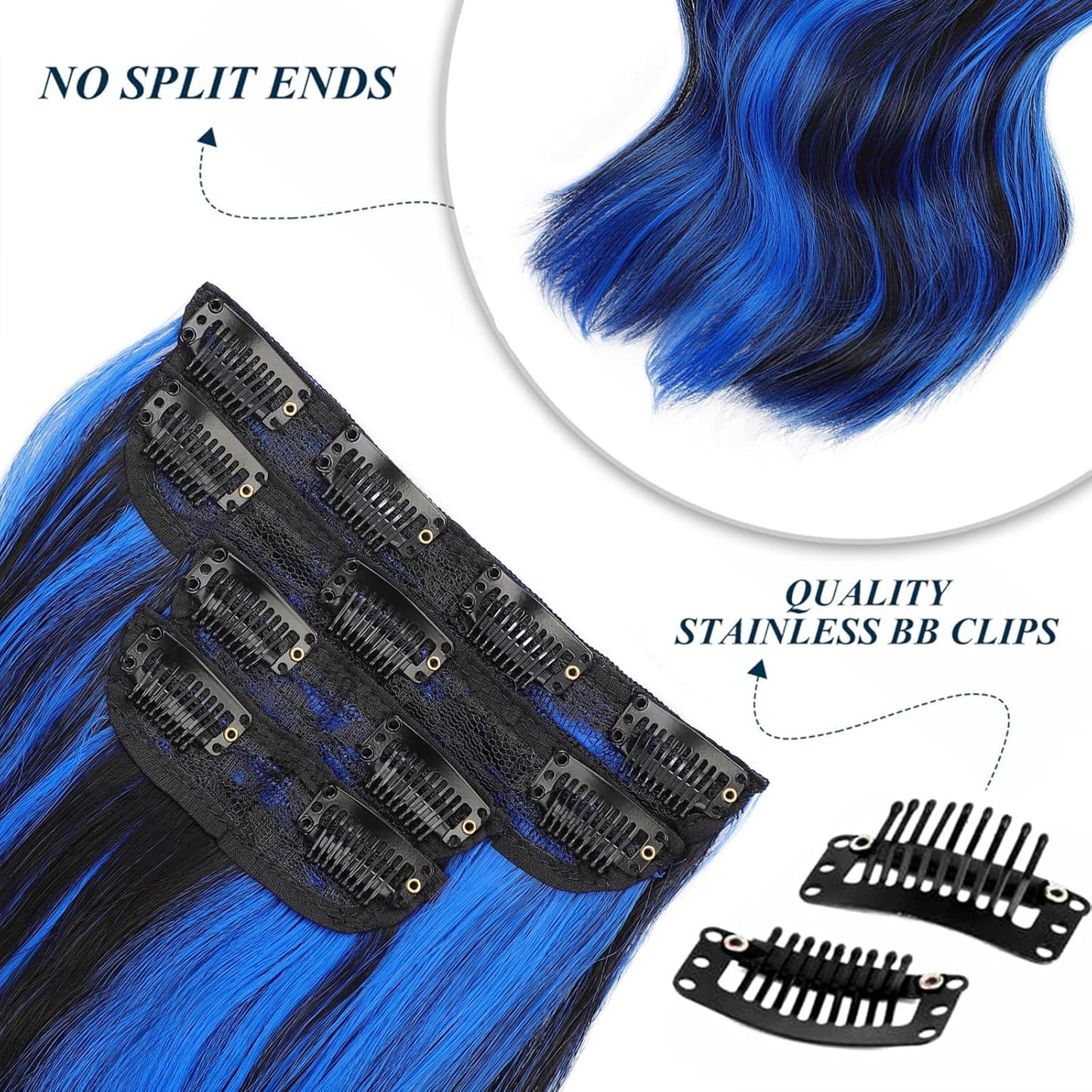 Clip in Long Wavy Synthetic Hair Extension (Blue Black Highlights)