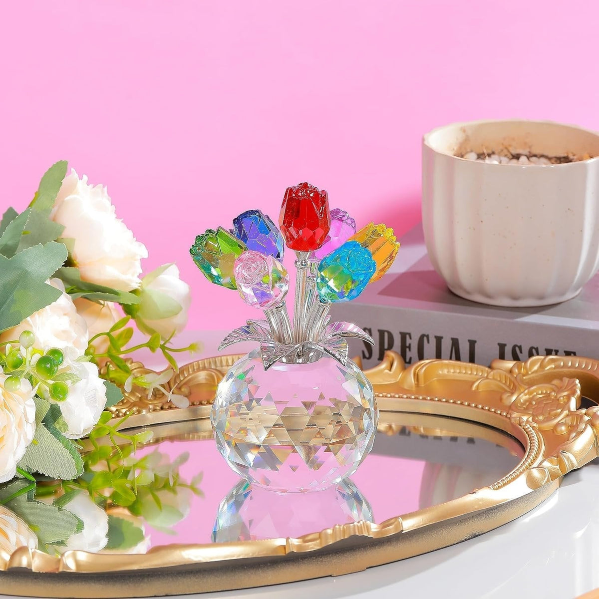 Colorful Rose Figurine in Display Vase