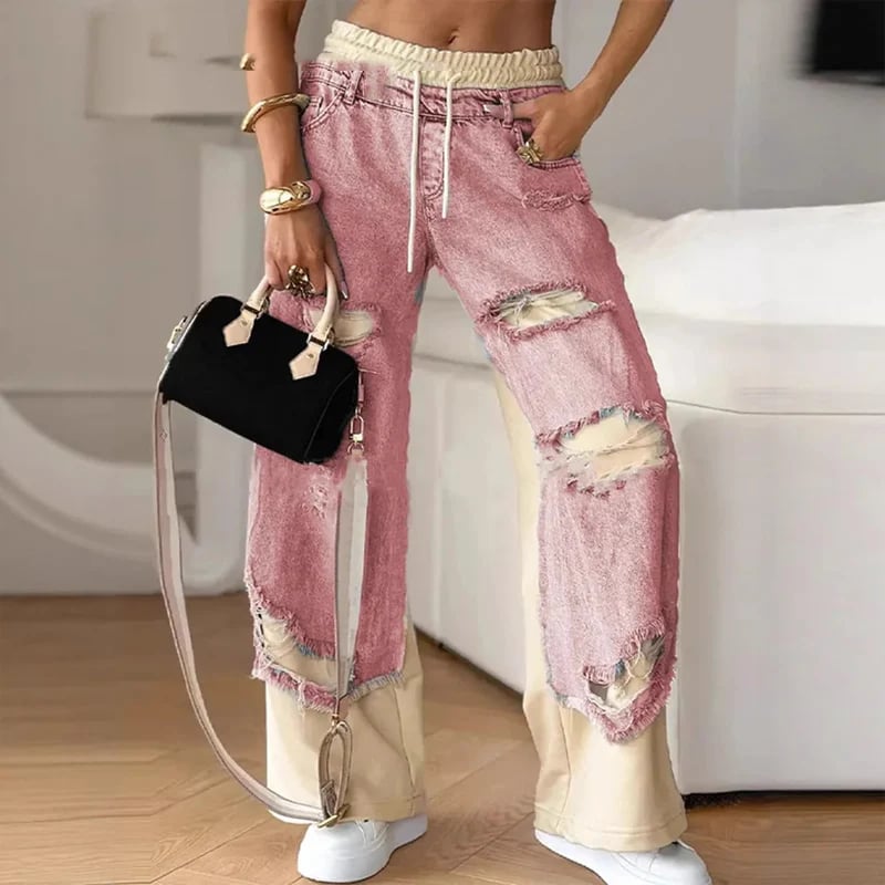 ✨Patchwork Denim Elastic Drawstring Wide-Leg Pants