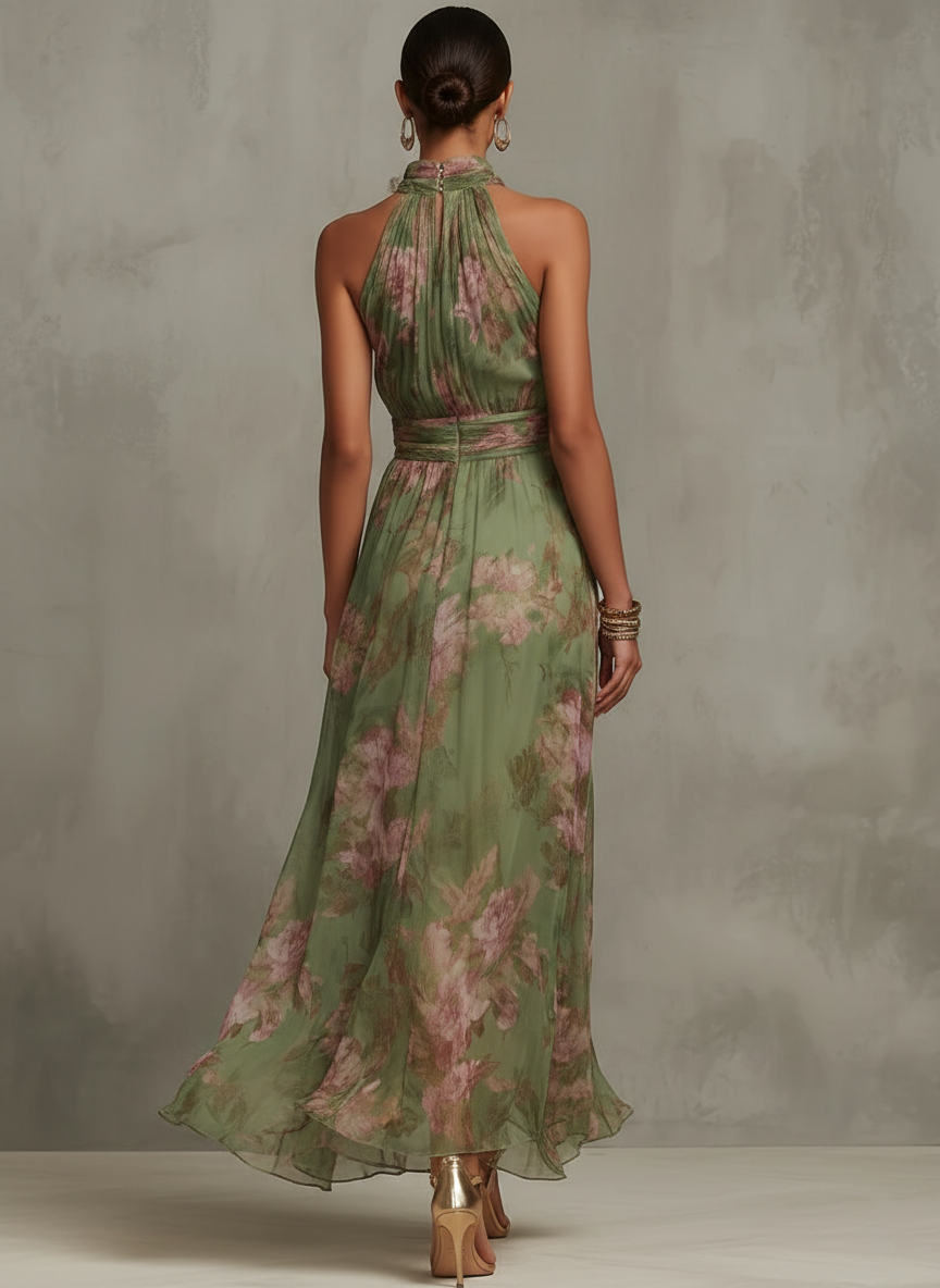 Women's Floral Chiffon Halter Maxi Dress Green
