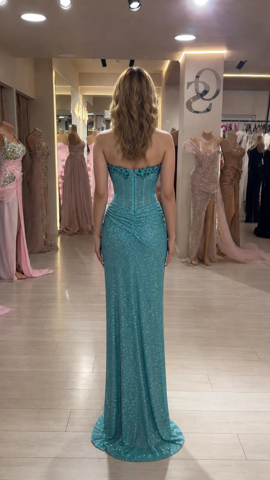 Women Strapless Sparkle Corset Evening Gown Thigh Slit Dress