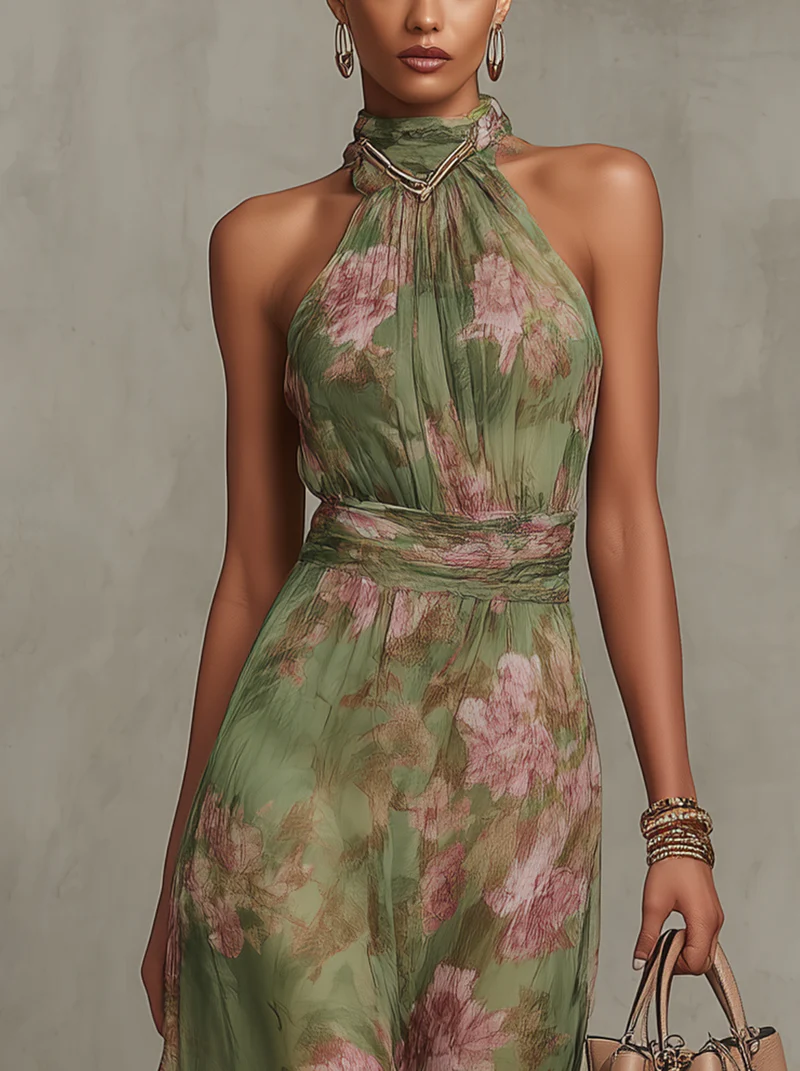 Women's Floral Chiffon Halter Maxi Dress Green