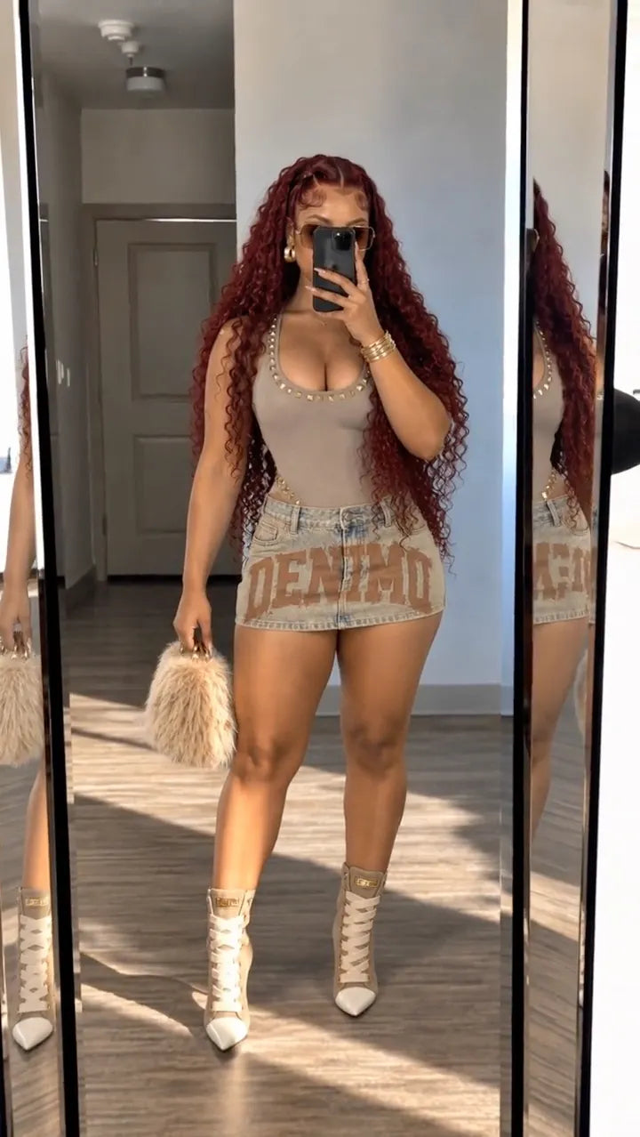 Women's Studded Bodysuit and Denim Mini Skirt Set