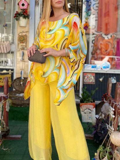New Colorful Chiffon Set Casual Round Neck Print