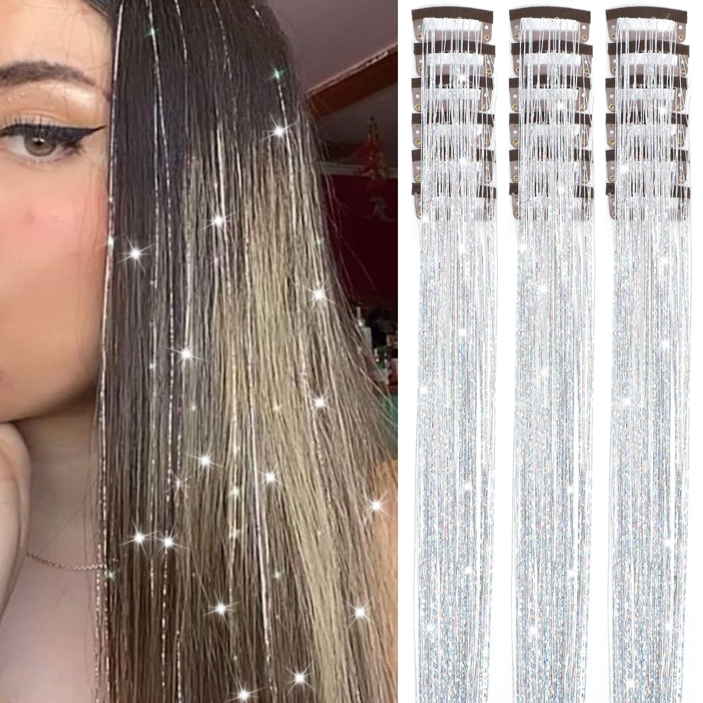 The AuraSparkle Tinsel Extensions - Clip-In Rainbow Sparkle for Instant Glamour + 50% OFF