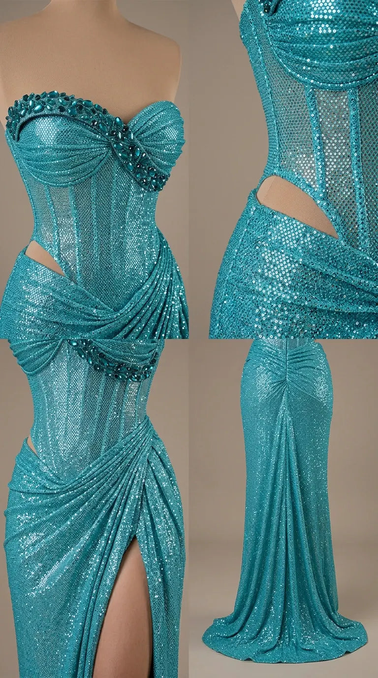 Women Strapless Sparkle Corset Evening Gown Thigh Slit Dress