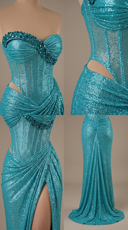 Women Strapless Sparkle Corset Evening Gown Thigh Slit Dress