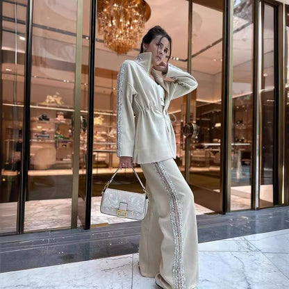 Elegant Sequin-Trimmed Top and Wide-Leg Pants 2-Piece Set