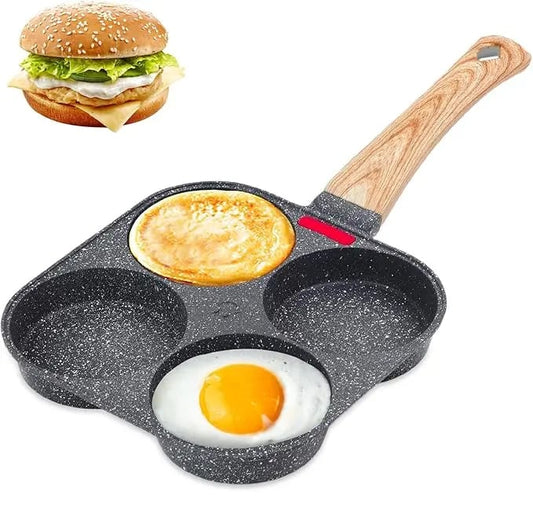 Non-stick Egg Frying Pan, 4 Holes Skillet With Handle, Multifunctional, Wooden Handle Medical Stone Omelet Non-stick Cookware frying pan