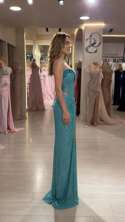 Women Strapless Sparkle Corset Evening Gown Thigh Slit Dress