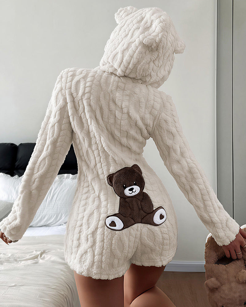 Women's Cozy Bear Plush Hooded Romper Onesie