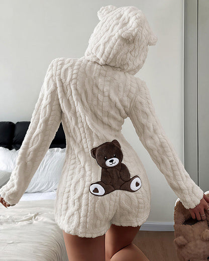 Women's Cozy Bear Plush Hooded Romper Onesie