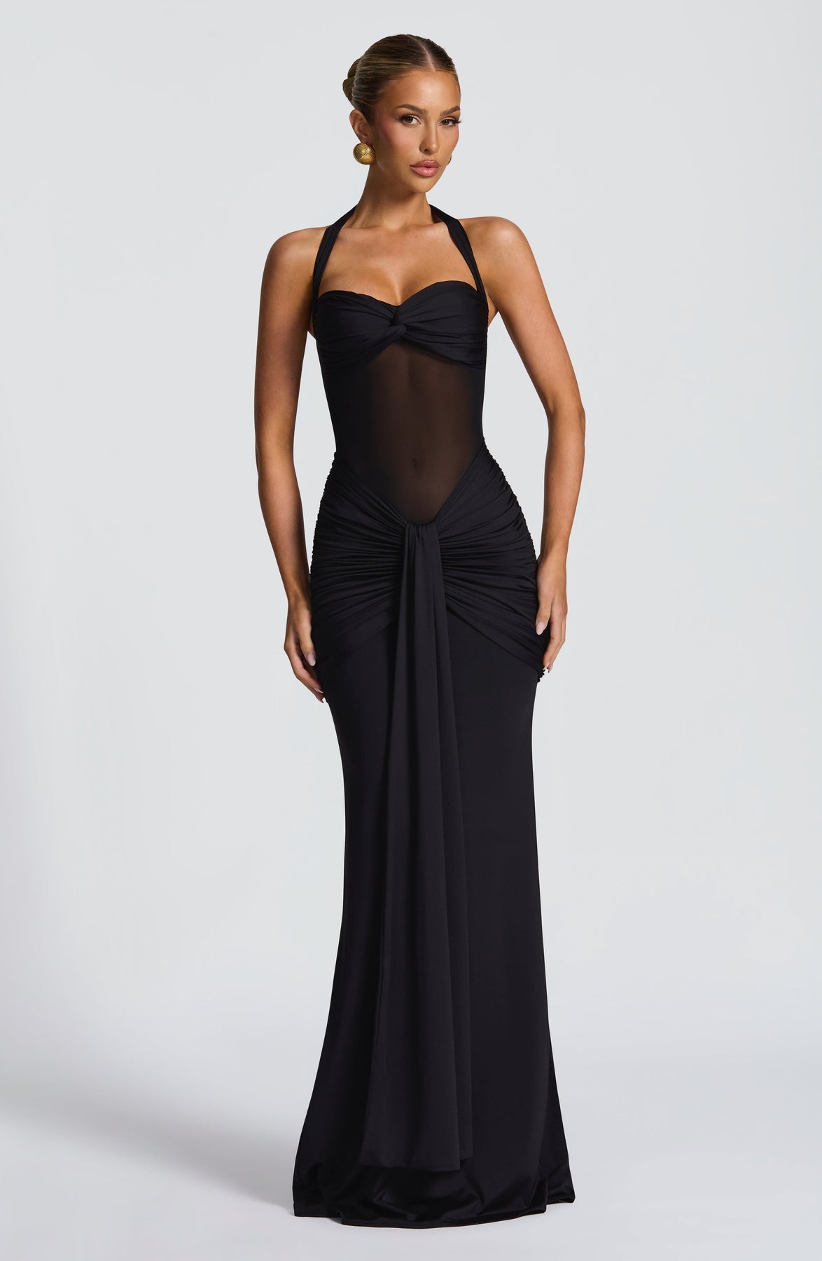 Amalina — Sheer Mesh Maxi Dress with Ruched Waist for Summer Nights