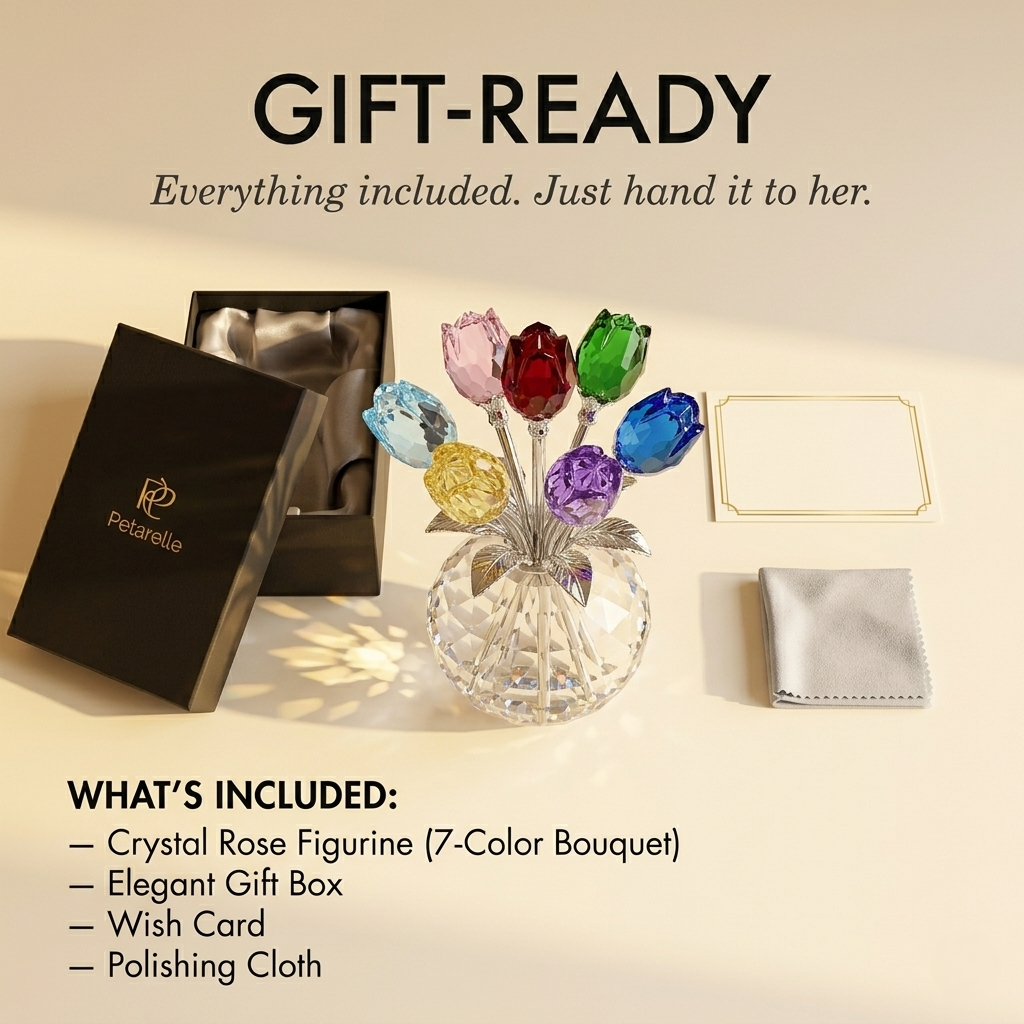 Petarelle™ – 7-Color Handmade K9 Crystal Rose Figurine with Crystal Vase + 50% OFF