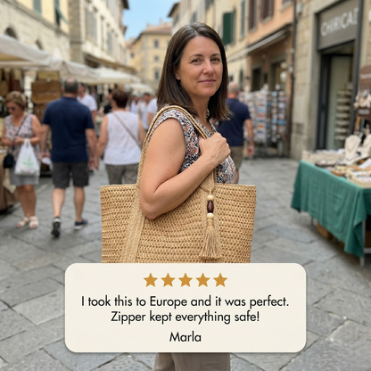 Maviglow™ – Woven Straw Tote Bag with Zipper, Tassel & Boho Style 