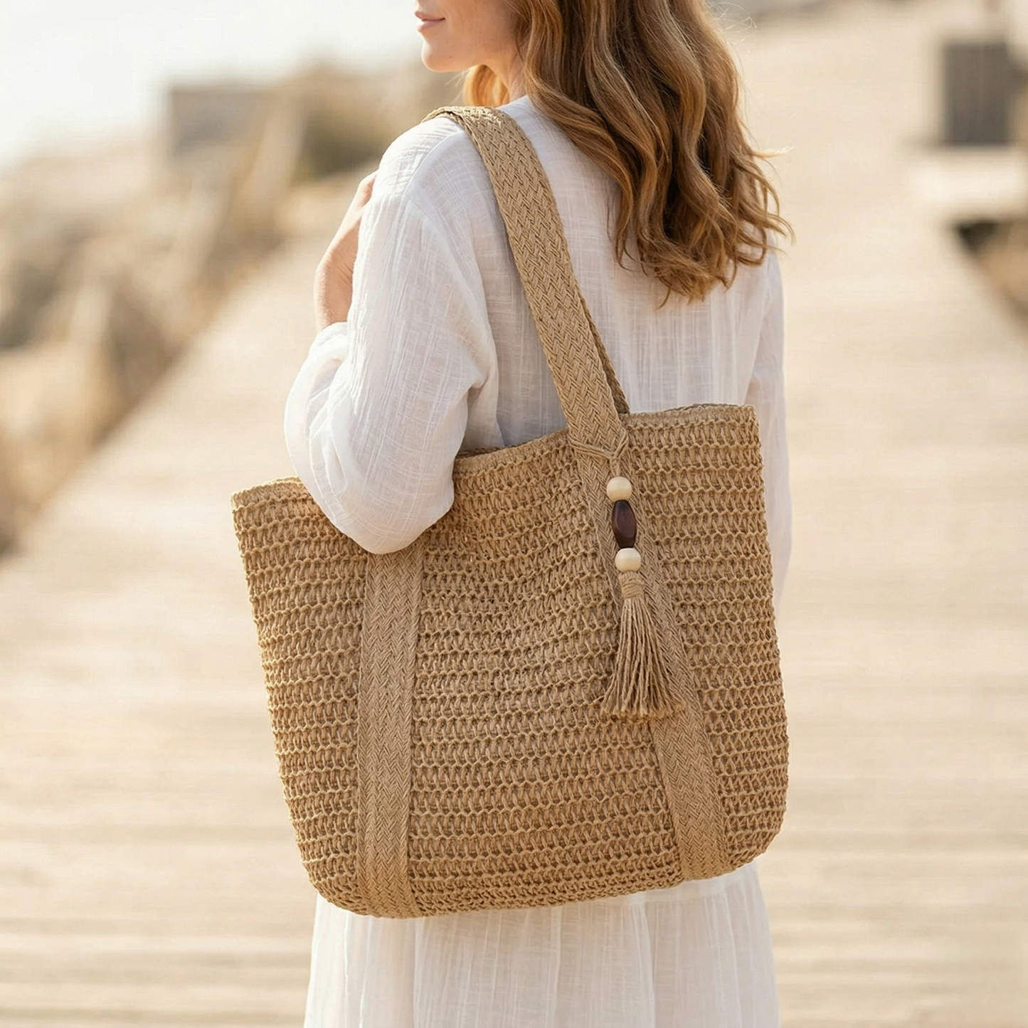 Maviglow™ – Woven Straw Tote Bag with Zipper, Tassel & Boho Style 