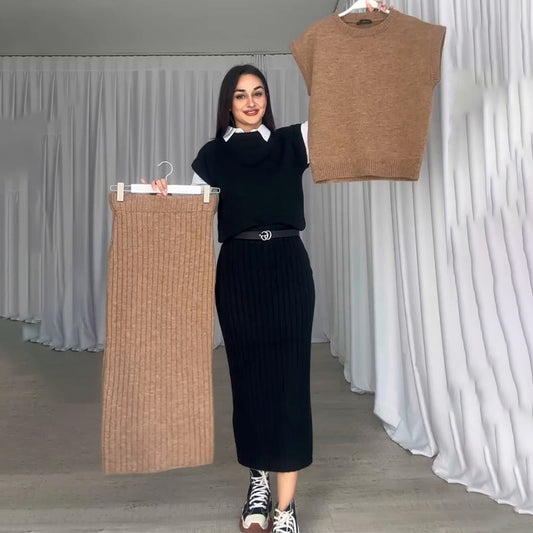 Eaksone - Knit Short Sleeve Sweater and Stretch Ribbed Midi Skirt Set