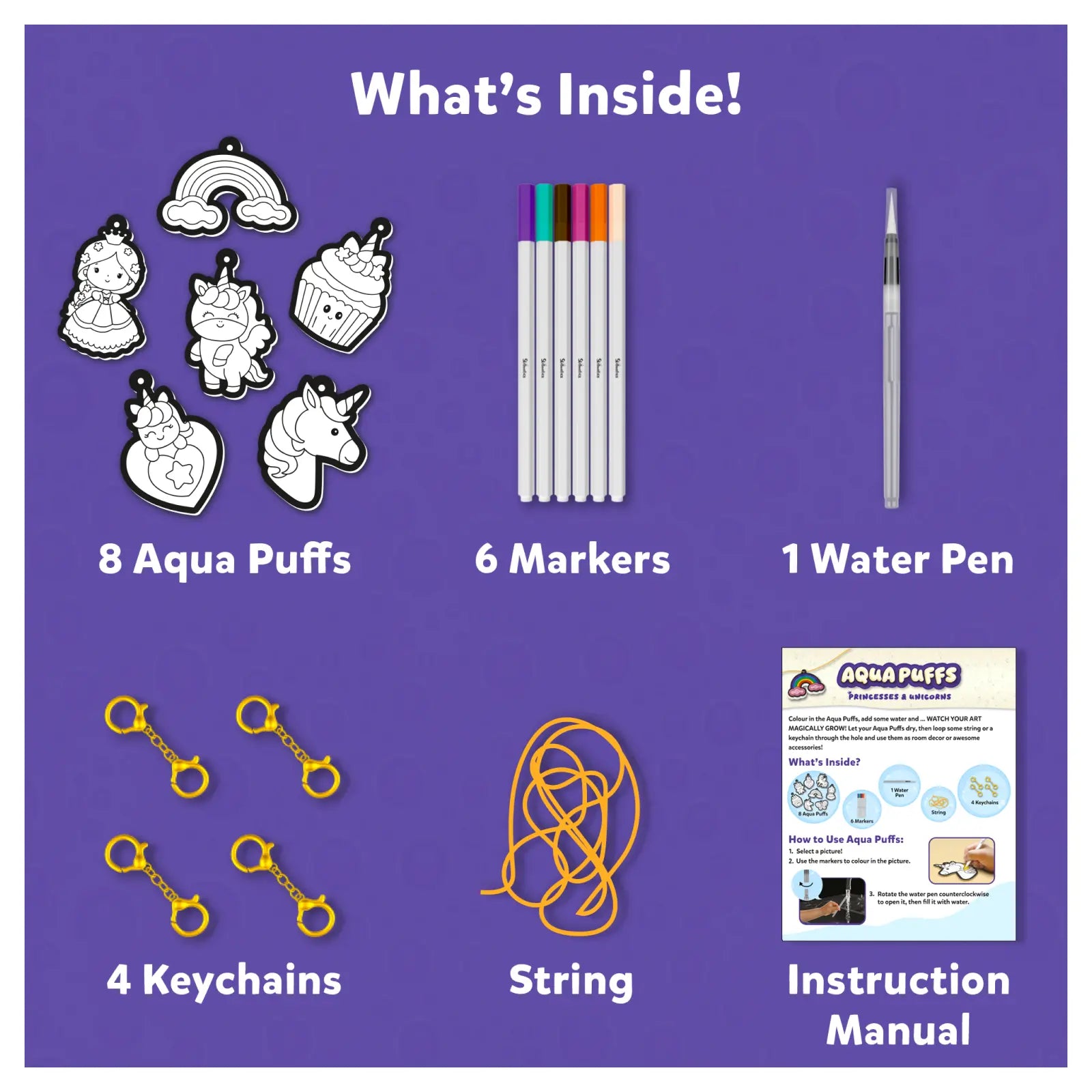 Children’s craft kit with unicorn and princess-themed aqua puffs markers keychains and manual