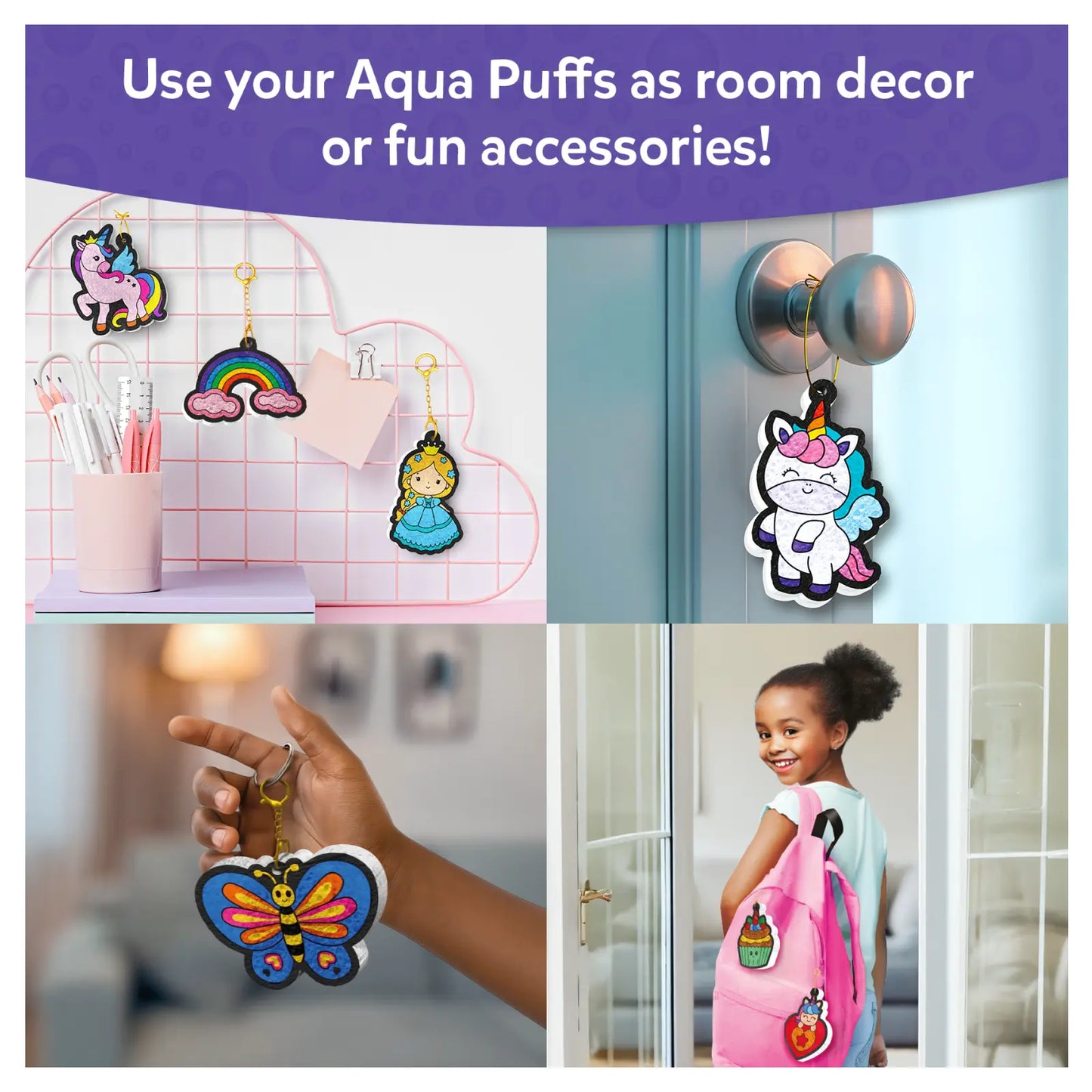 Colorful customizable plush keychains featuring unicorn, rainbow, princess, and butterfly shapes