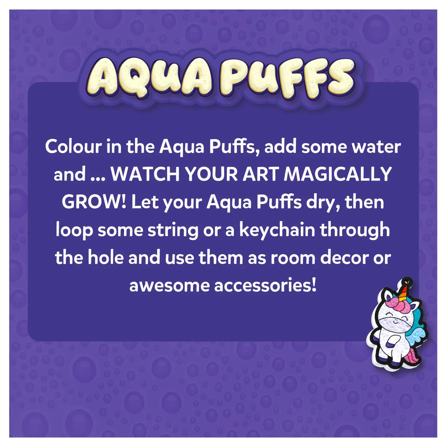 Instructions for using Aqua Puffs colorful water-activated art pieces for decor or accessories