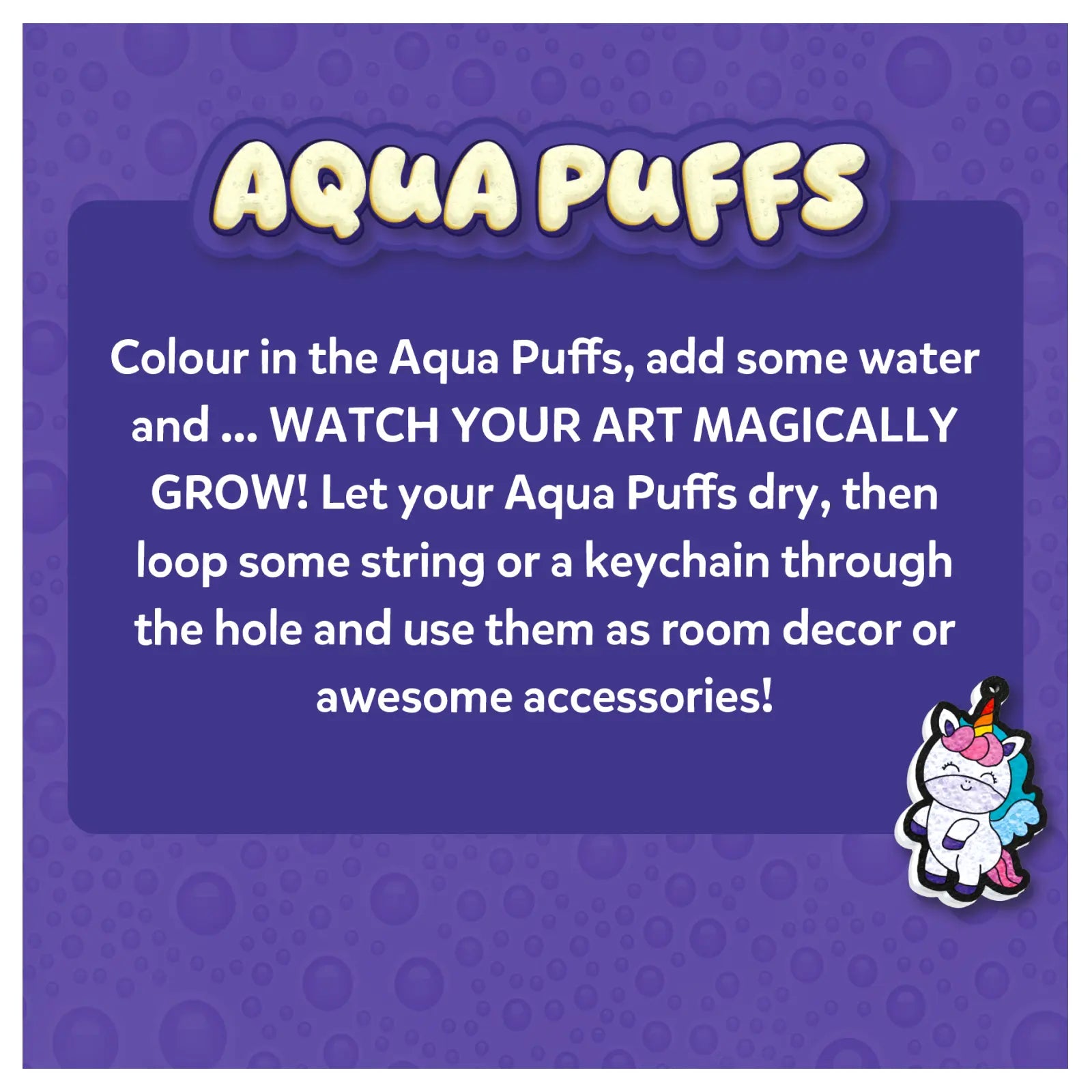 Instructions for using Aqua Puffs colorful water-activated art pieces for decor or accessories
