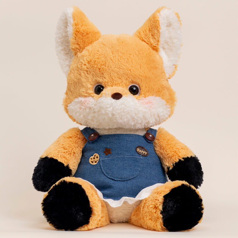 Adorable Fox and Wolf Plush Toys in Denim Overalls
