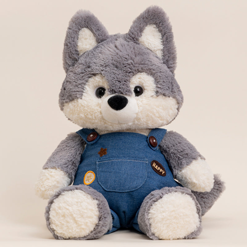 Adorable Fox and Wolf Plush Toys in Denim Overalls