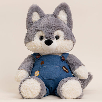 Adorable Fox and Wolf Plush Toys in Denim Overalls