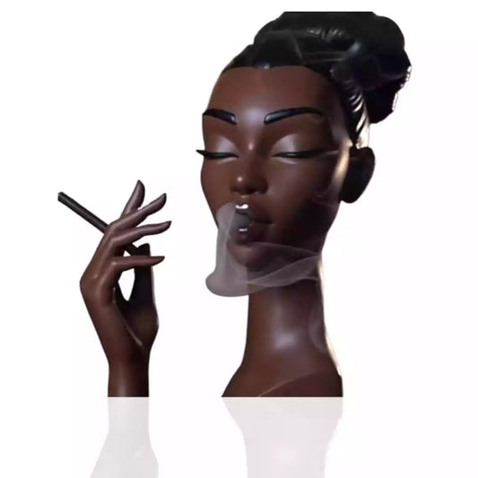 An artistic incense burner with red lips that emit smoke