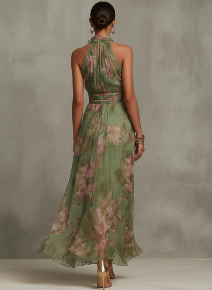 Green Floral Chiffon Halter Maxi Dress