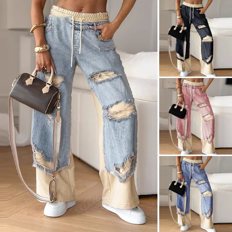 ✨Patchwork Denim Elastic Drawstring Wide-Leg Pants