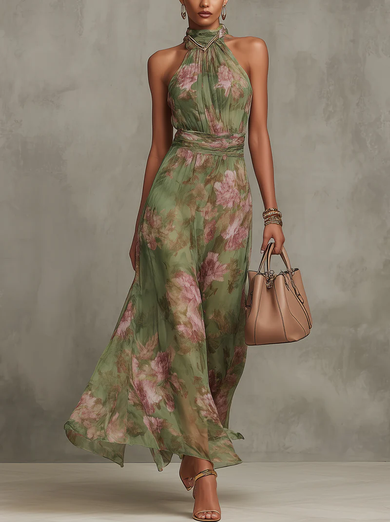 Women's Floral Chiffon Halter Maxi Dress Green