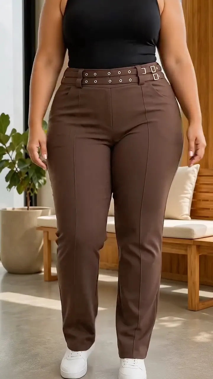 Women's Double Buckle High-Waist Straight-Leg Trousers