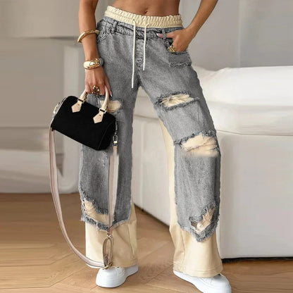 ✨Patchwork Denim Elastic Drawstring Wide-Leg Pants
