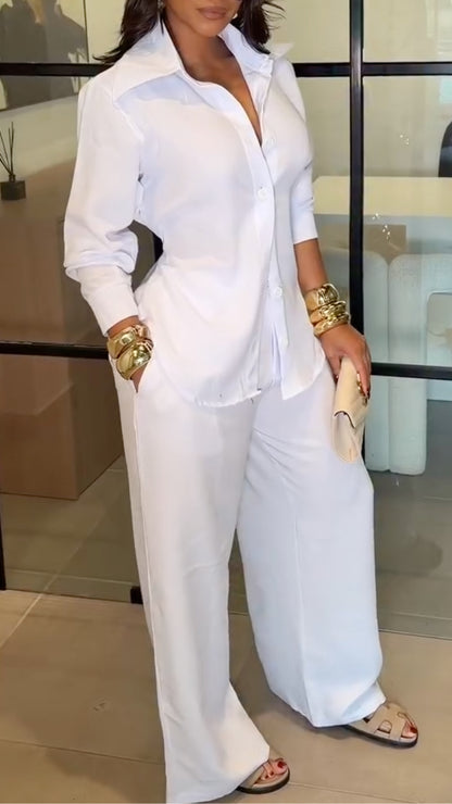 Women's Oversized Open Shirt and Pleated Wide Leg Pant Set