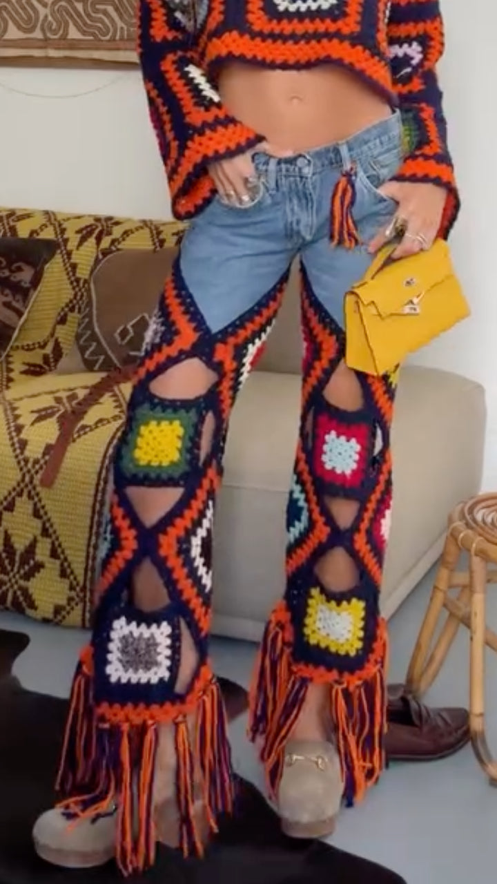 Women's Grid Crochet Knit and Ripped Denim Pants Set
