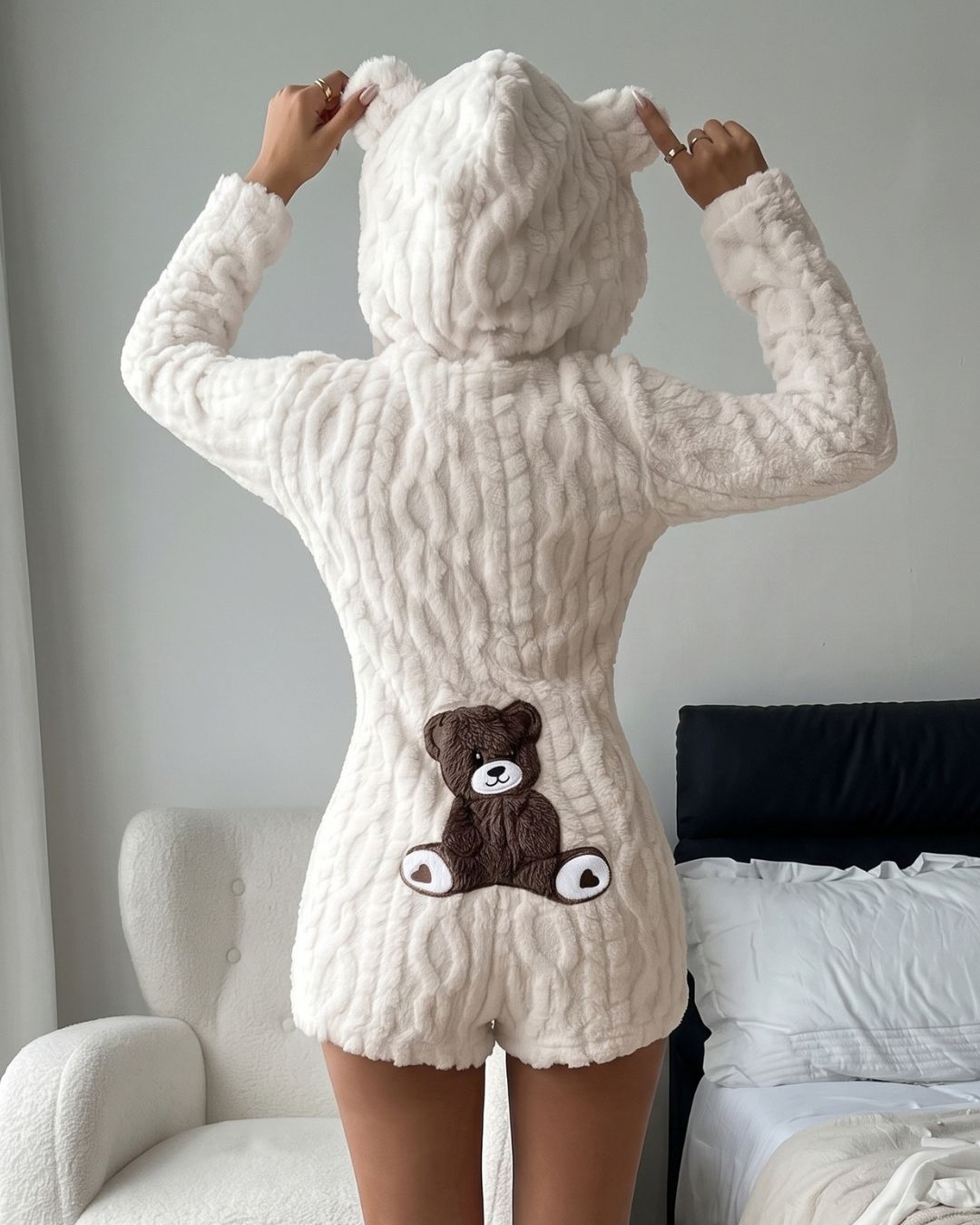 Women's Cozy Bear Plush Hooded Romper Onesie