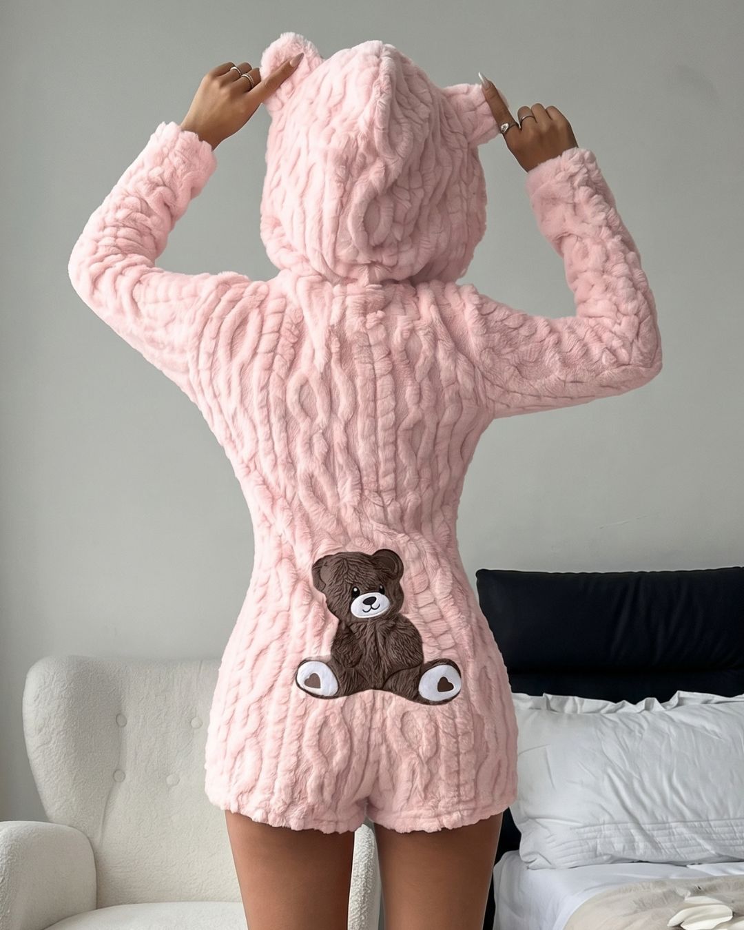 Women's Cozy Bear Plush Hooded Romper Onesie