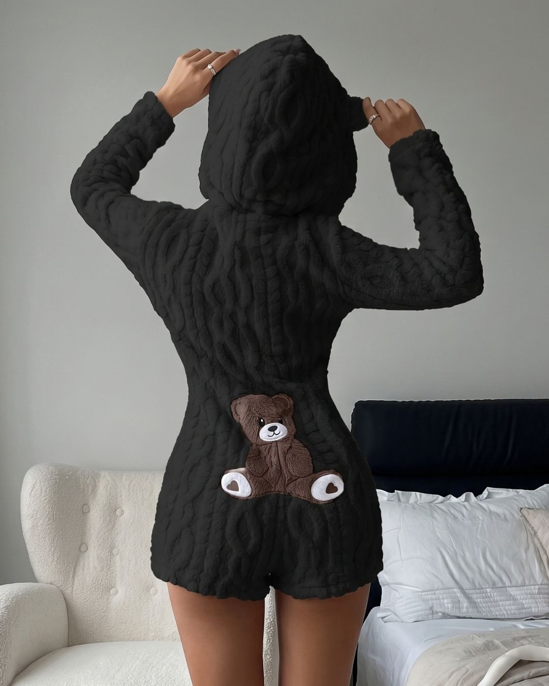 Women's Cozy Bear Plush Hooded Romper Onesie