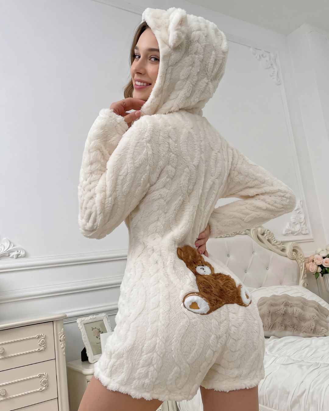 Women's Cozy Bear Plush Hooded Romper Onesie