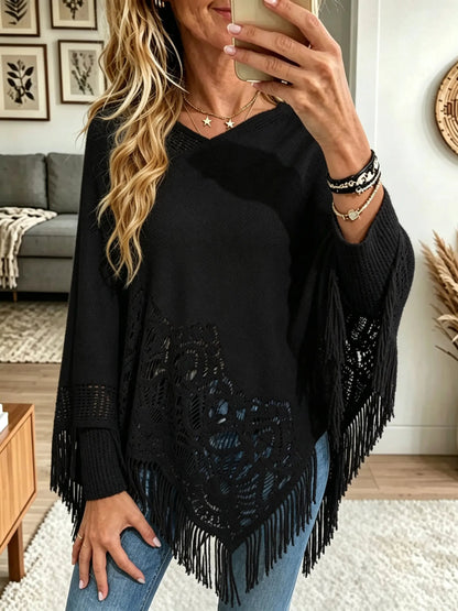 Women's Crochet Lace Cutout Fringe Knit Poncho
