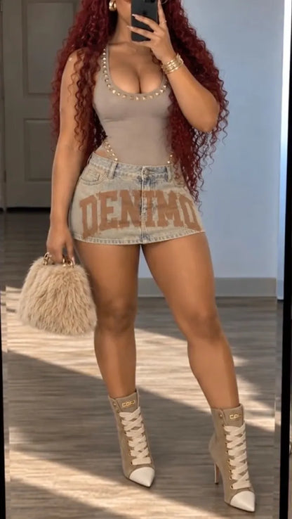 Women's Studded Bodysuit and Denim Mini Skirt Set